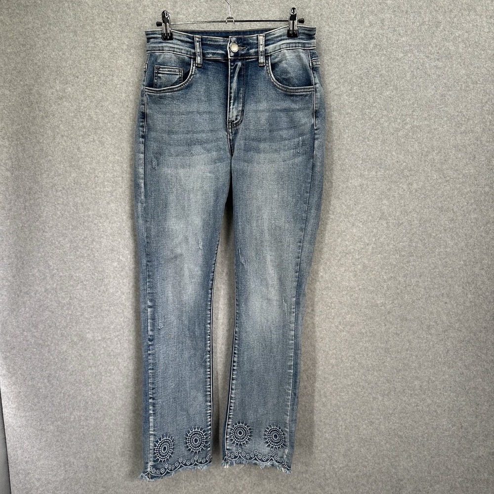 Coco + Carmen Blue Cropped Jeans with Embroidered Hem